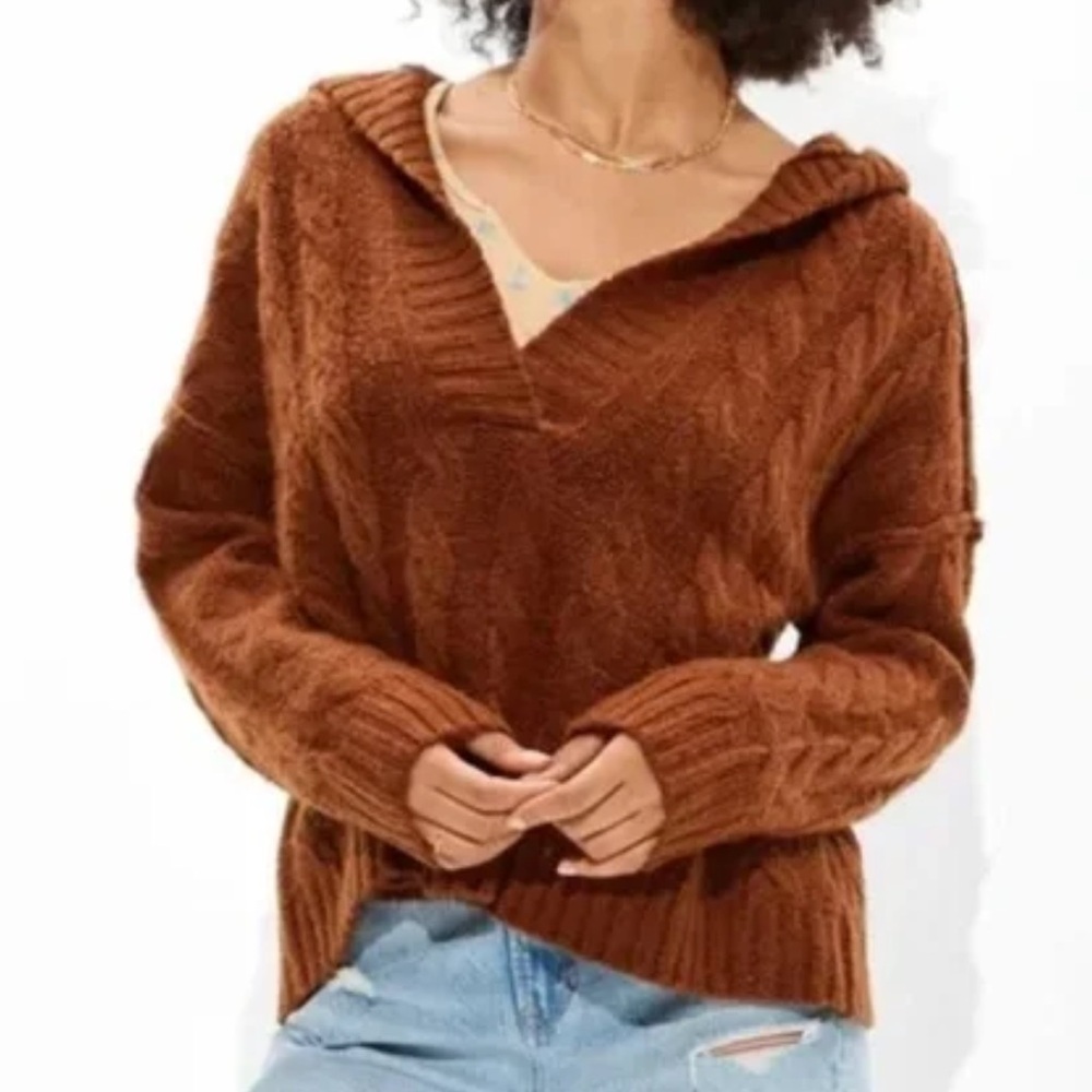 American Eagle Women XS Brown Cable Knit Casual Oversized V-Neck Hooded Sweater
